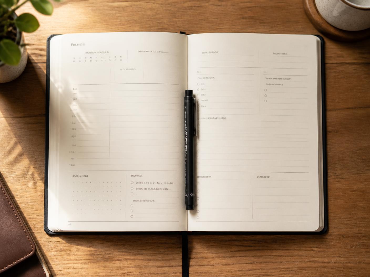 Aufgeschlagene Doppelseite des VIJUGO Journals mit Tagesfokus und Gedanken-Check