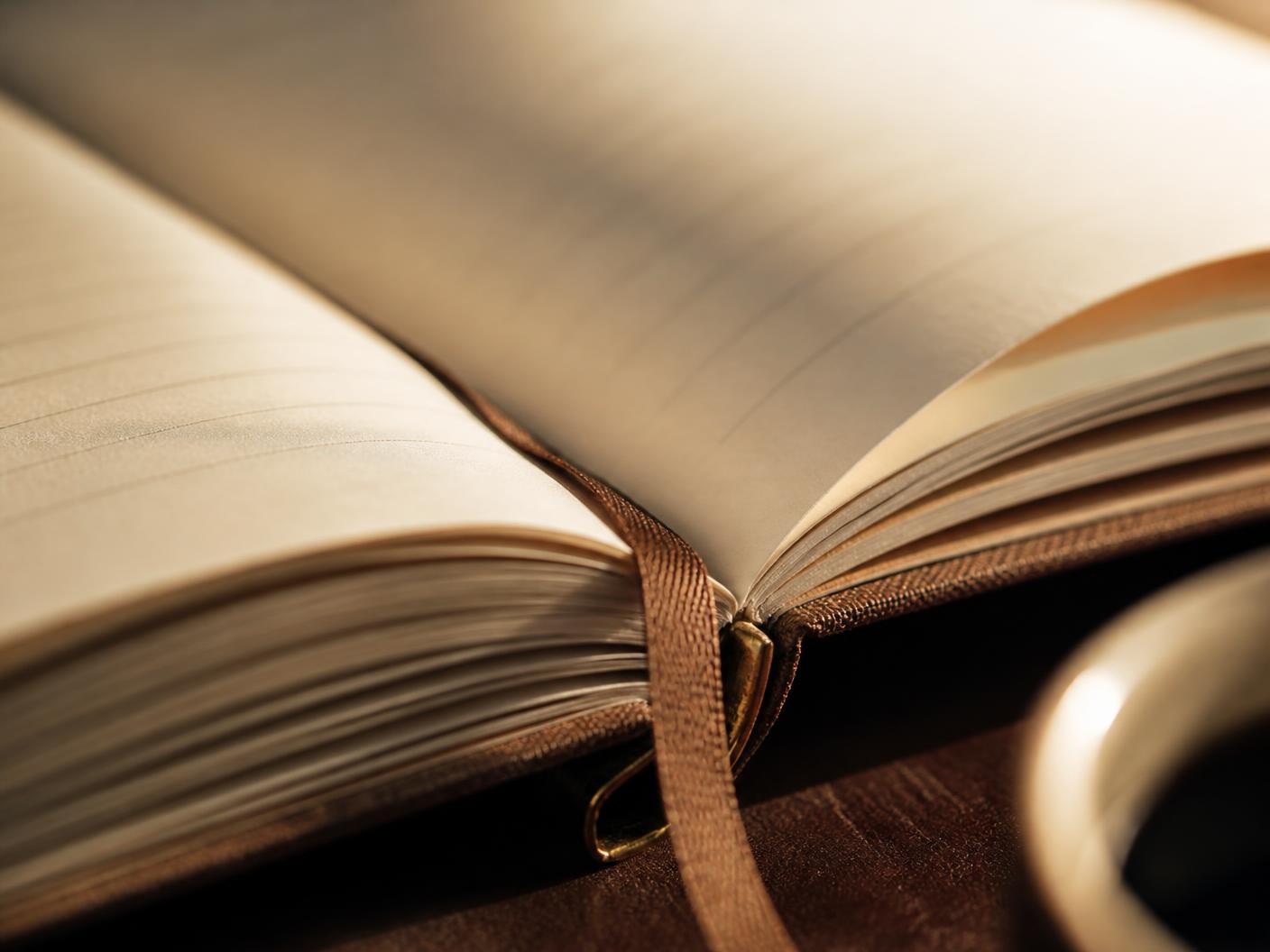 Nahaufnahme des aufgeschlagenen VIJUGO Journals mit Lesebändchen und cremefarbenem Papier
